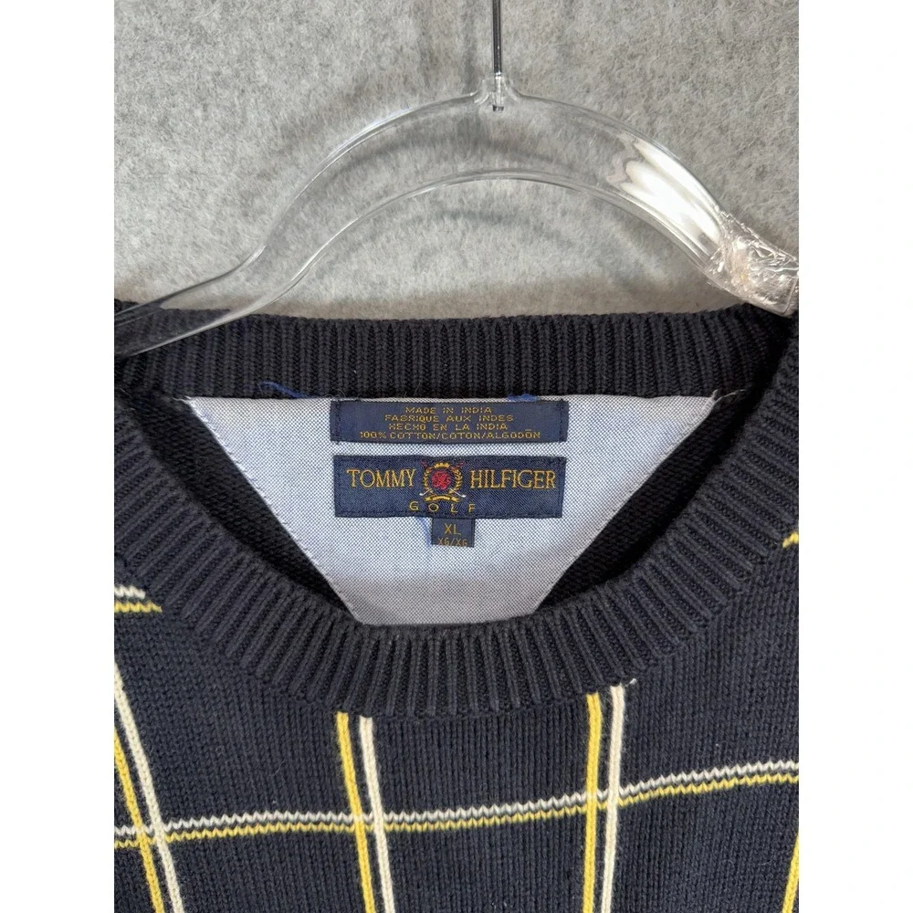Tommy Hilfiger Sweater Mens XL Black Yellow Plaid Golf Crewneck Pullover Classic